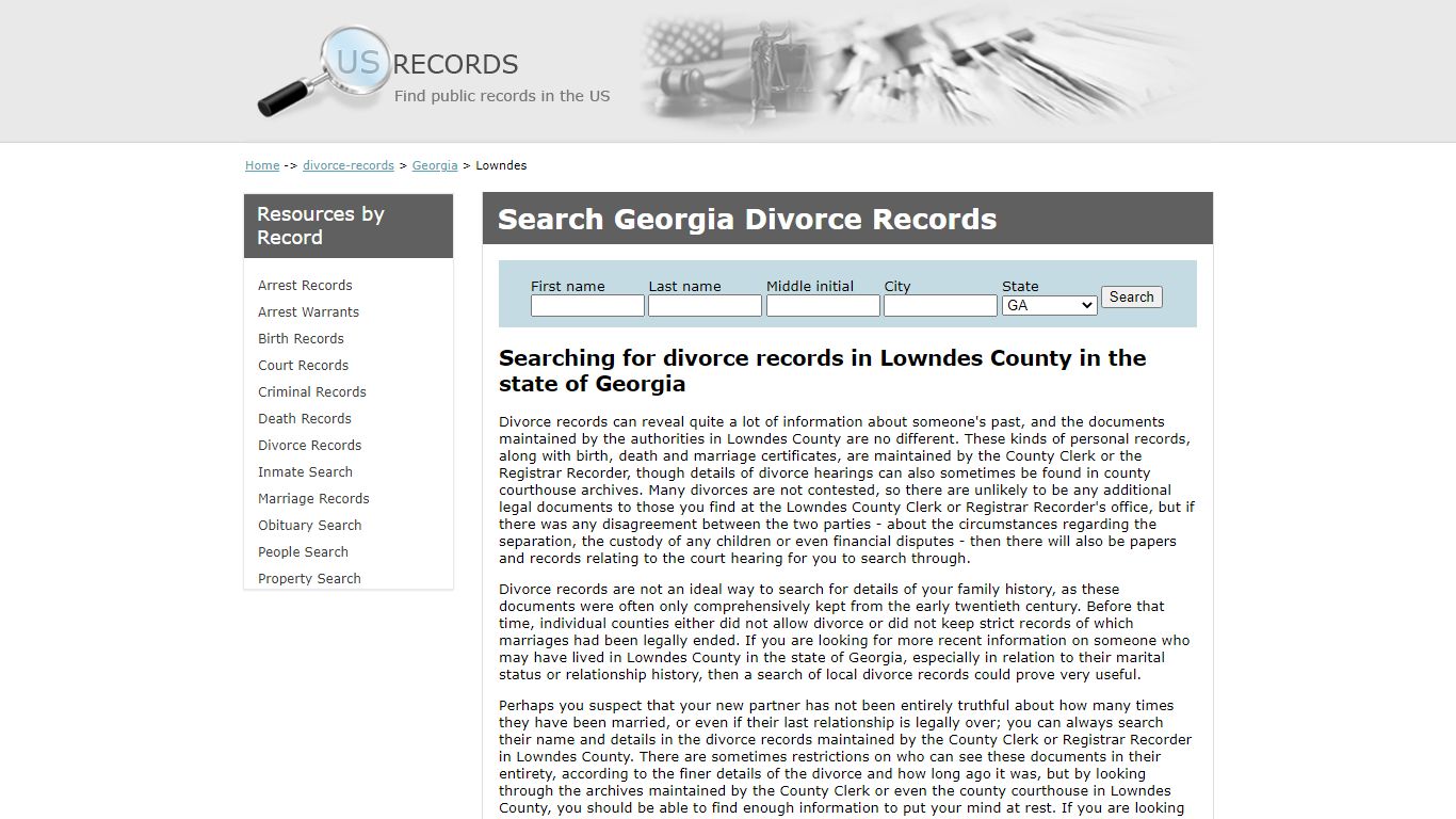 Search Divorce Records Lowndes Georgia | US Records